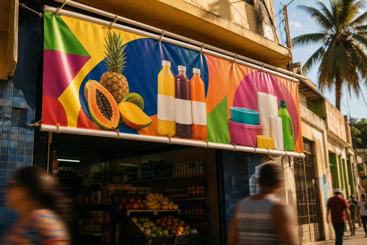 Banner colorido de lona pendurado sobre a entrada de um comércio de rua
