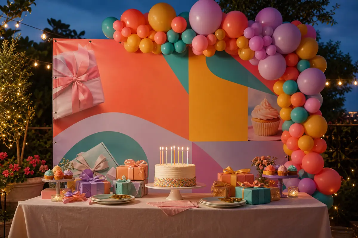 Backdrop de lona impressa atrás de mesa de bolo de aniversário com arco de balões