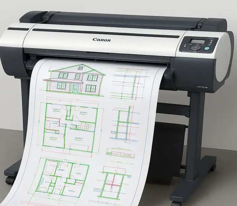 Plotter de grande formato imprimindo uma prancha com plantas e elevações