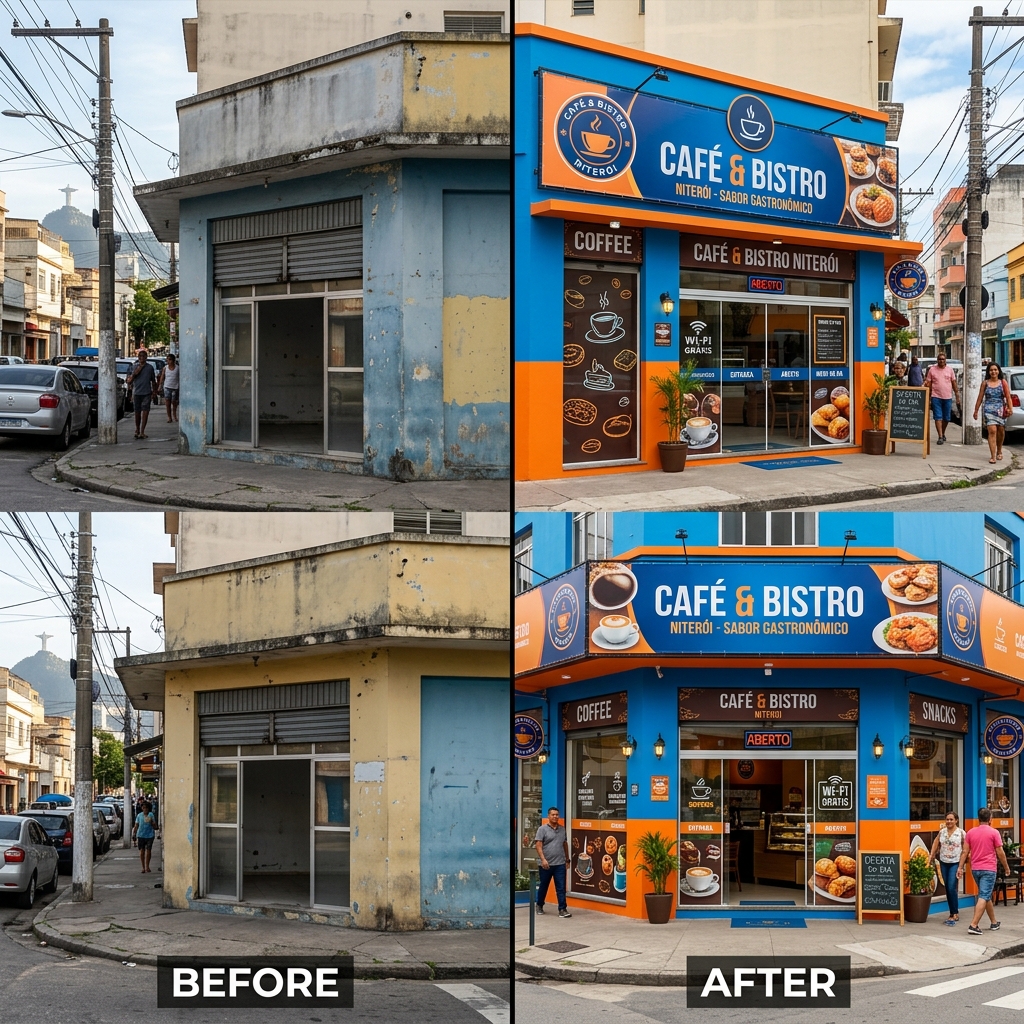 Antes e depois da comunicação visual de uma empresa em Niterói com adesivos e materiais gráficos