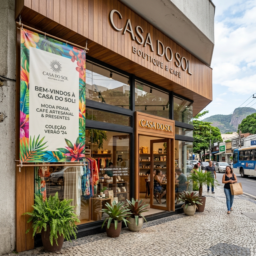 Banner promocional instalado em fachada comercial para campanha de vendas em Niterói