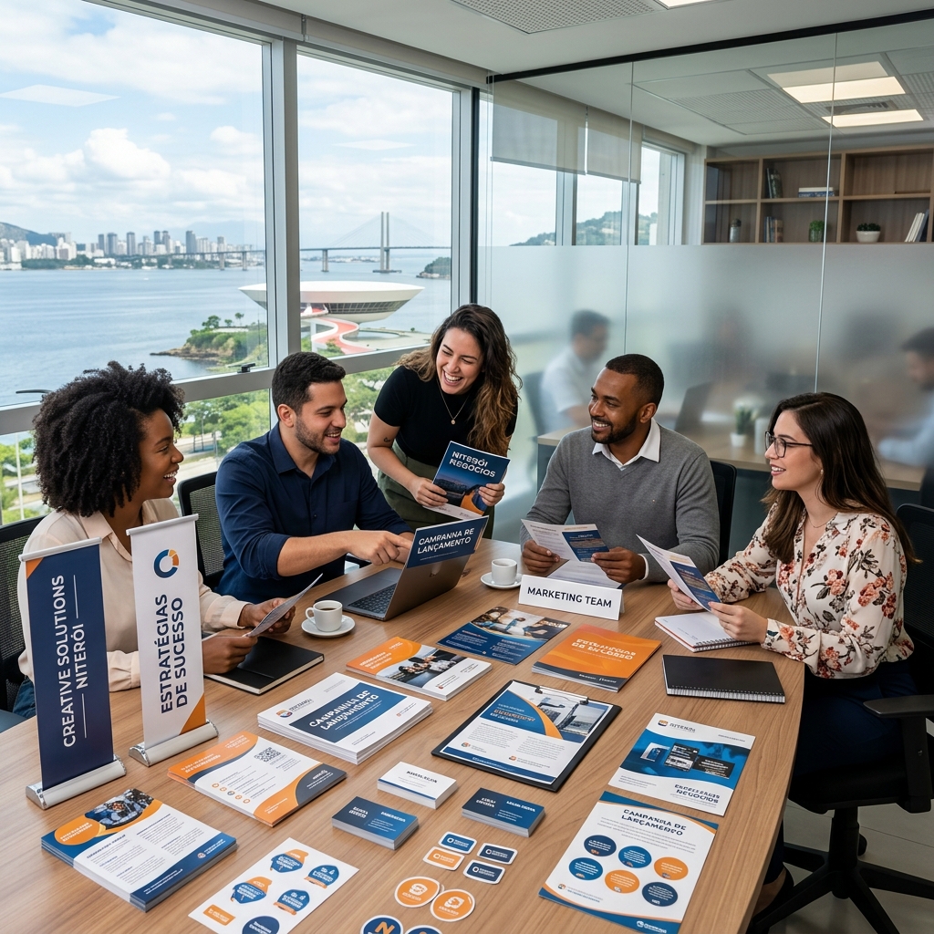 Equipe avaliando materiais gráficos e comunicação visual para empresas em Niterói