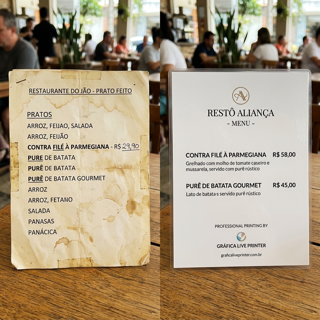 Comparativo entre cardápio amador com erros e cardápio profissional revisado