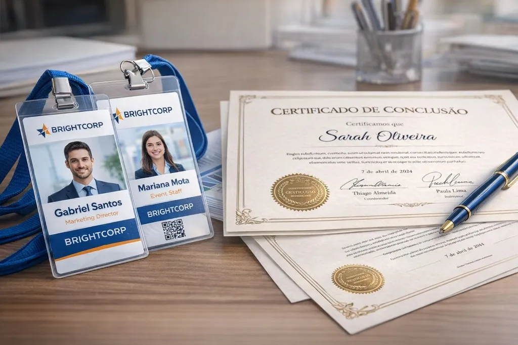 Crachás e certificados produzidos pela Live Printer
