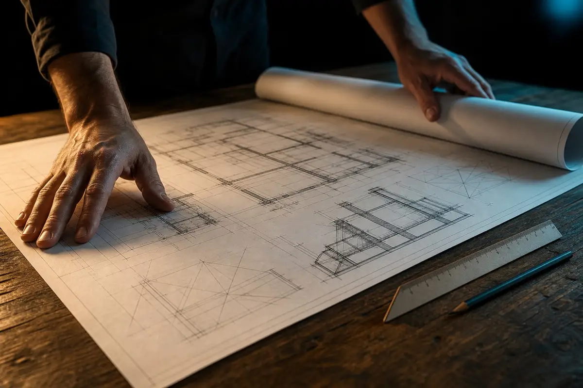 Arquiteto desenrolando prancha A0 de projeto técnico sobre a mesa