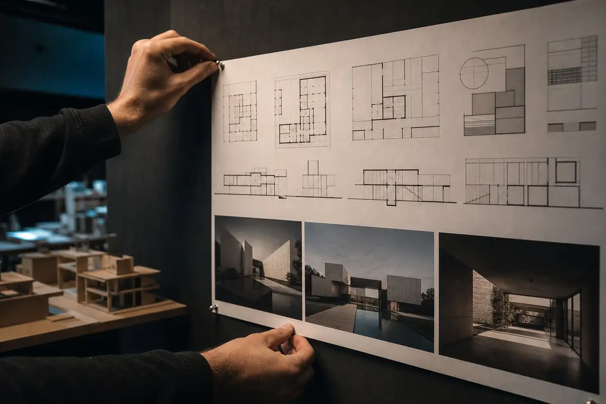 Estudante fixando prancha de arquitetura impressa na parede para apresentação
