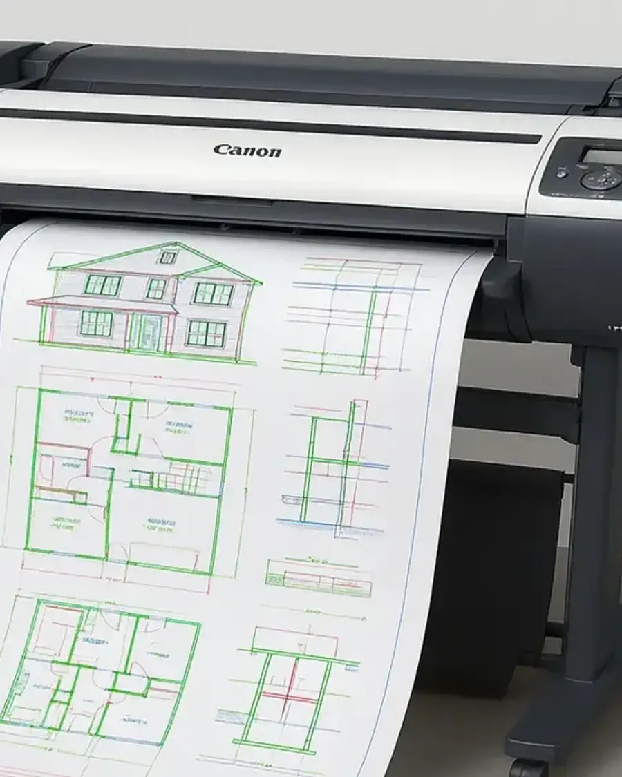 Plotter de grande formato imprimindo prancha com plantas e elevações